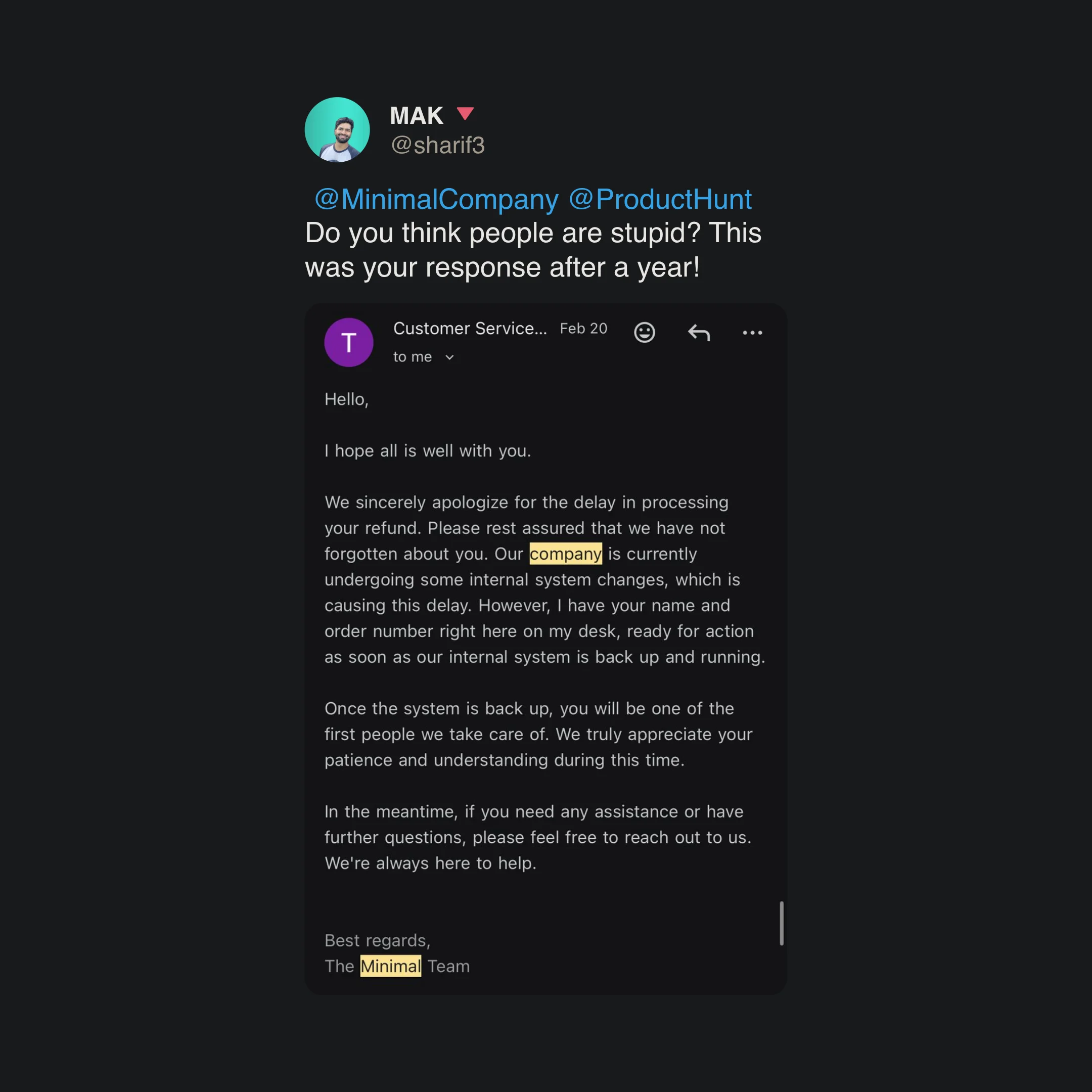 Tweet from another customer showing an identical refund delay email after waiting over a year