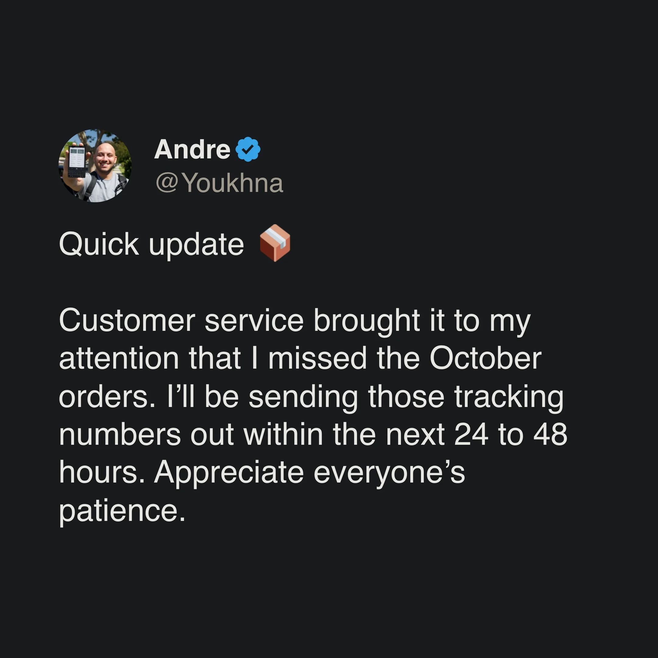Tweet from the founder of The Minimal Company acknowledging missed orders in November 2025