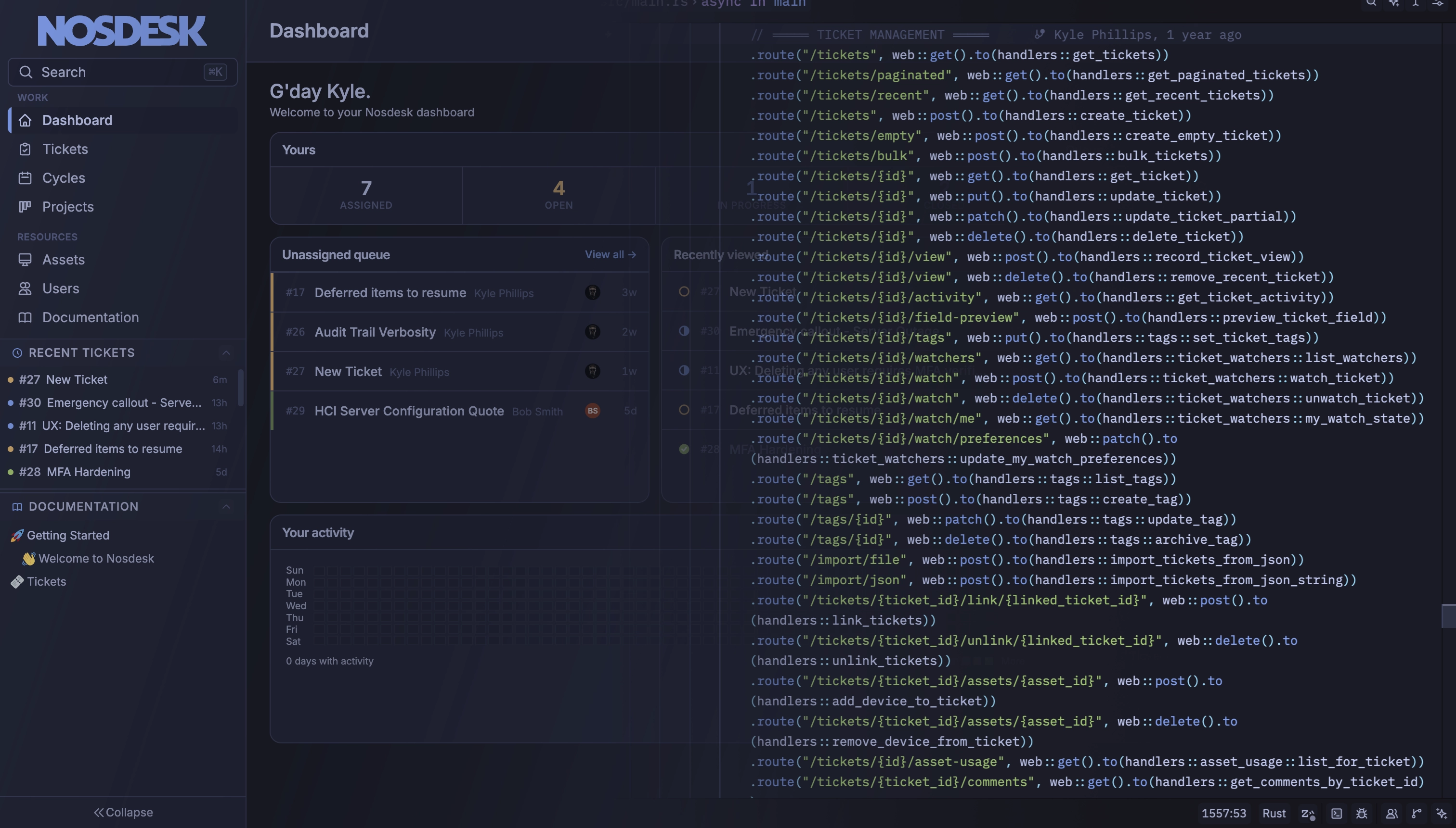 The Nosdesk dashboard, alongside the actix-web route registration that powers it