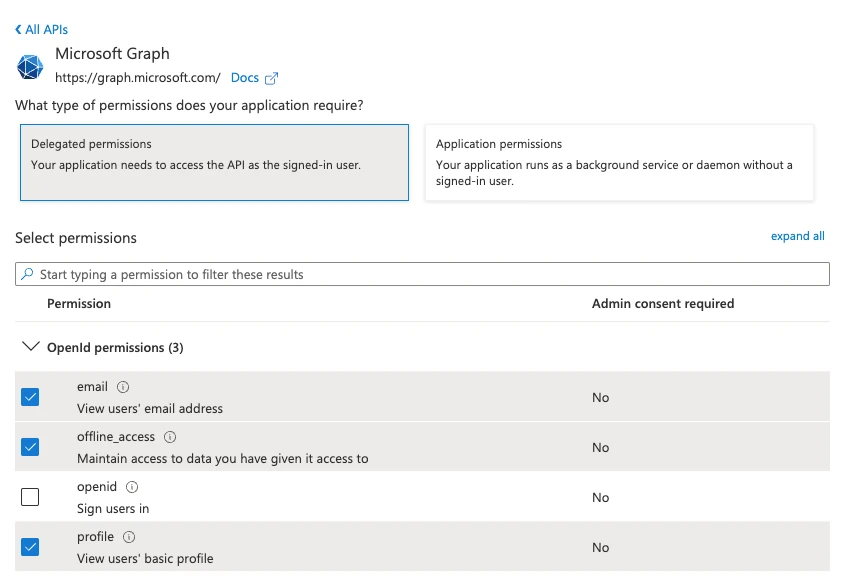 Microsoft Graph API Permission Selection